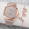 2PCS/Set Women's Watch Shiny Fashion PU Leather Analog Quartz Watches Rose Flower Bracelet Vera Lux
