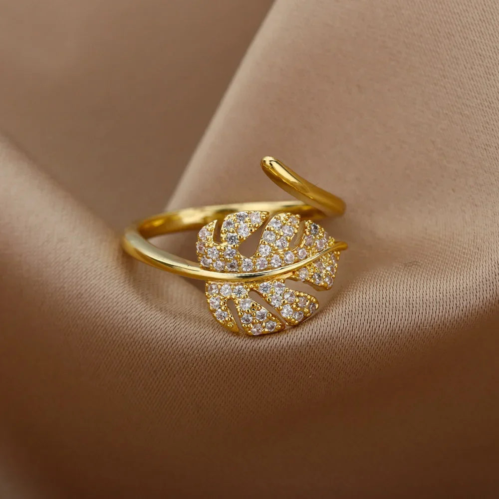 Fashion Palm Leaf Shape Open Rings For Women Gold Color Zircon Adjustable Finger Ring Girls Korean Party Jewelry Gift Vera Lux