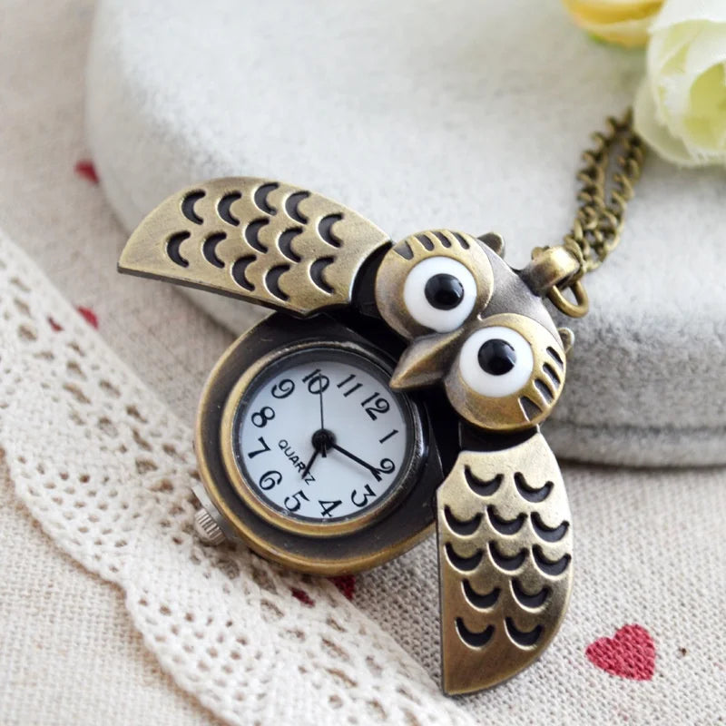 Fashion Vintage Men Women Alloy Retro Owl Shape Clock Pendant Long Necklace Chain Watches Birthday Gifts Vera Lux