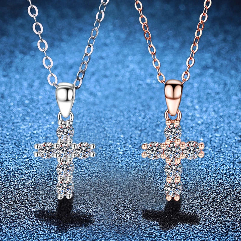 NeeTim 3mm D VVS1 Moissanite Cross Necklace for Women Lab Diamond Sterling Silver 925 Wedding Pendant Certified Necklaces Vera Lux