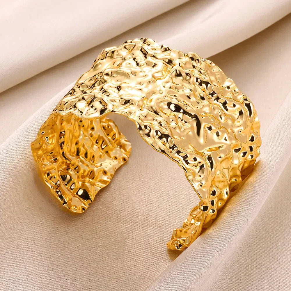 Classic Wrinkle Texture Openning Bangle Bracelet For Women Exquisite Cuff Bracelet Gold Color Stainless Steel Hand Ornament Gift Vera Lux