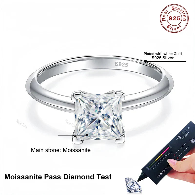 NeeTim 2ct VVS1 Princess Cut Moissanite Diamond Ring for Women S925 Sterling Silver Eternity Band Wedding Party Fine Jewelry Vera Lux