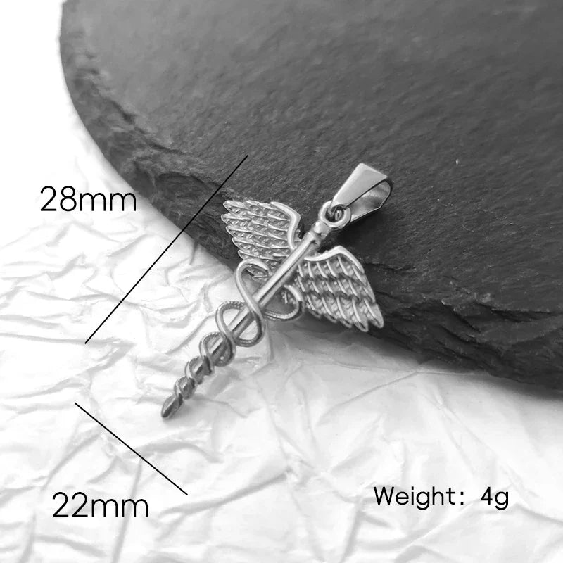 18K Gold Plated Stainless Steel Angel Wing Serpent Necklace - Greek Caduceus Pendant, Doctor/Nurse Charm Jewelry Vera Lux