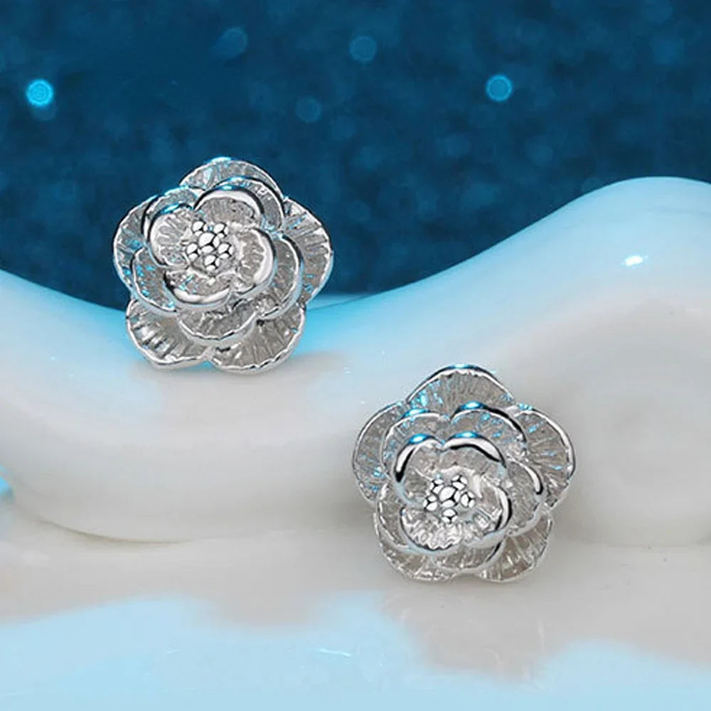 Hot 925 Sterling Silver Pretty rose Flower stud Earrings for Women Fashion classic party wedding Jewelry Holiday gifts Vera Lux