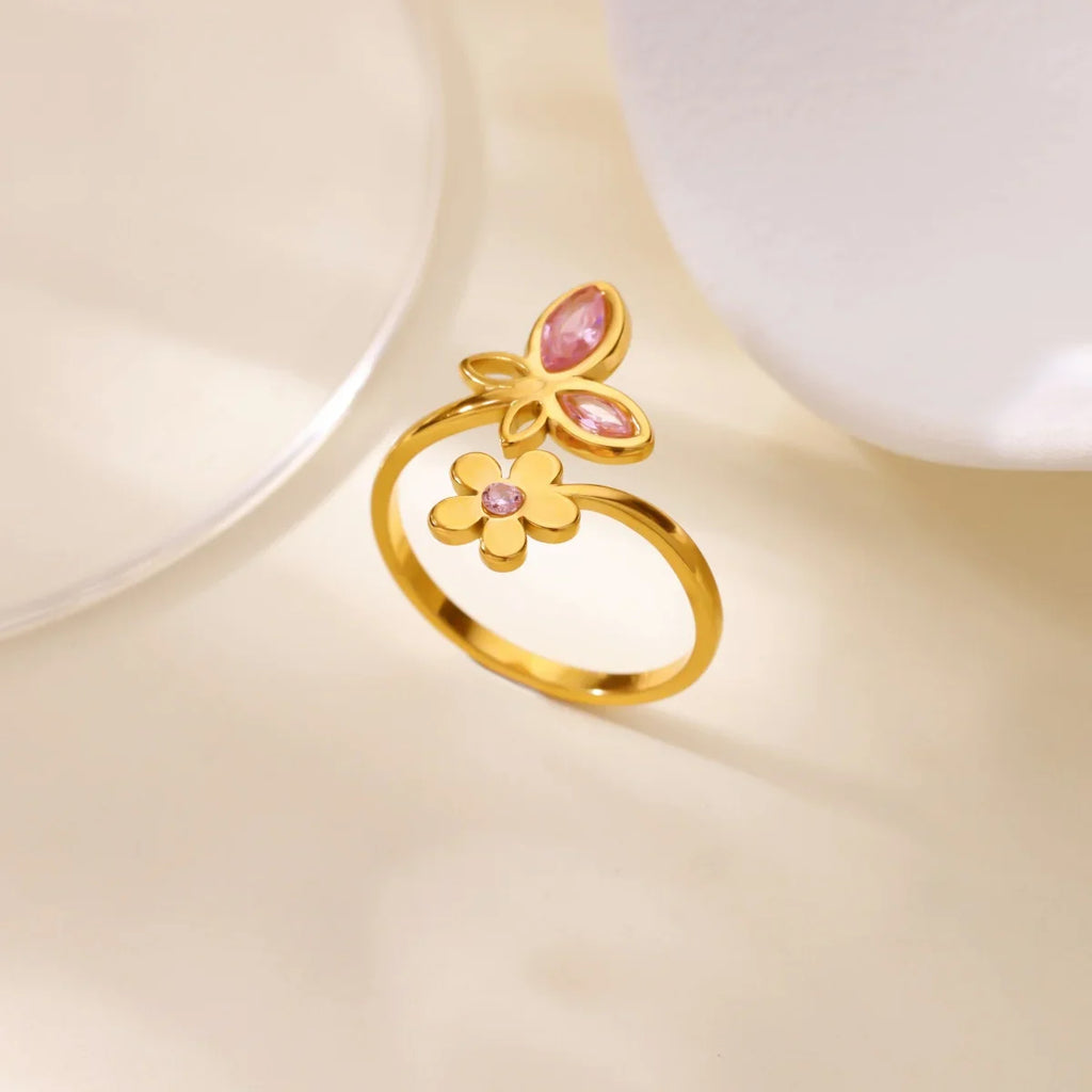 Luxury Zircon Butterfly Flower Rings for Women Stainless Steel Gold Color Cheap Ring Fashion Wedding Couple y2k Jewelry anillos Vera Lux