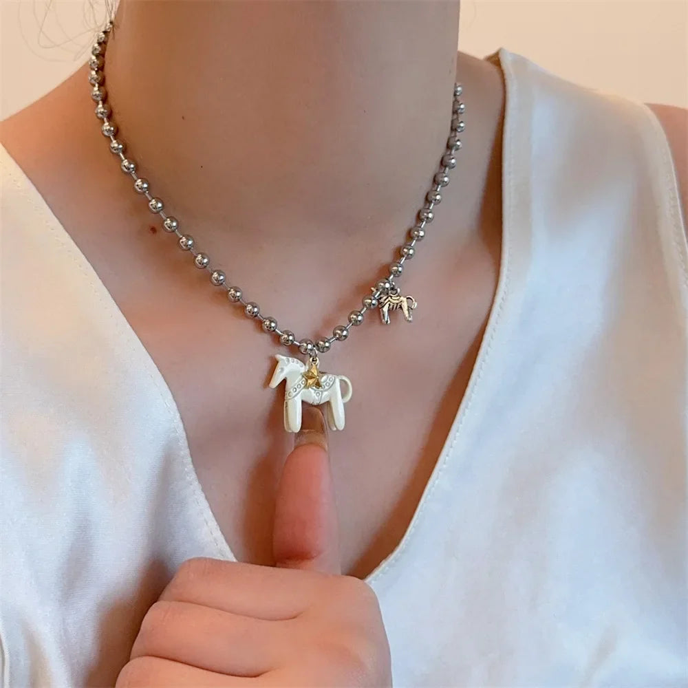 LATS White Black Green Blue Pink Color Enamel Colt Horse Pendant Necklaces for Women Silver Plated Alloy Beads Chain Chokers Vera Lux