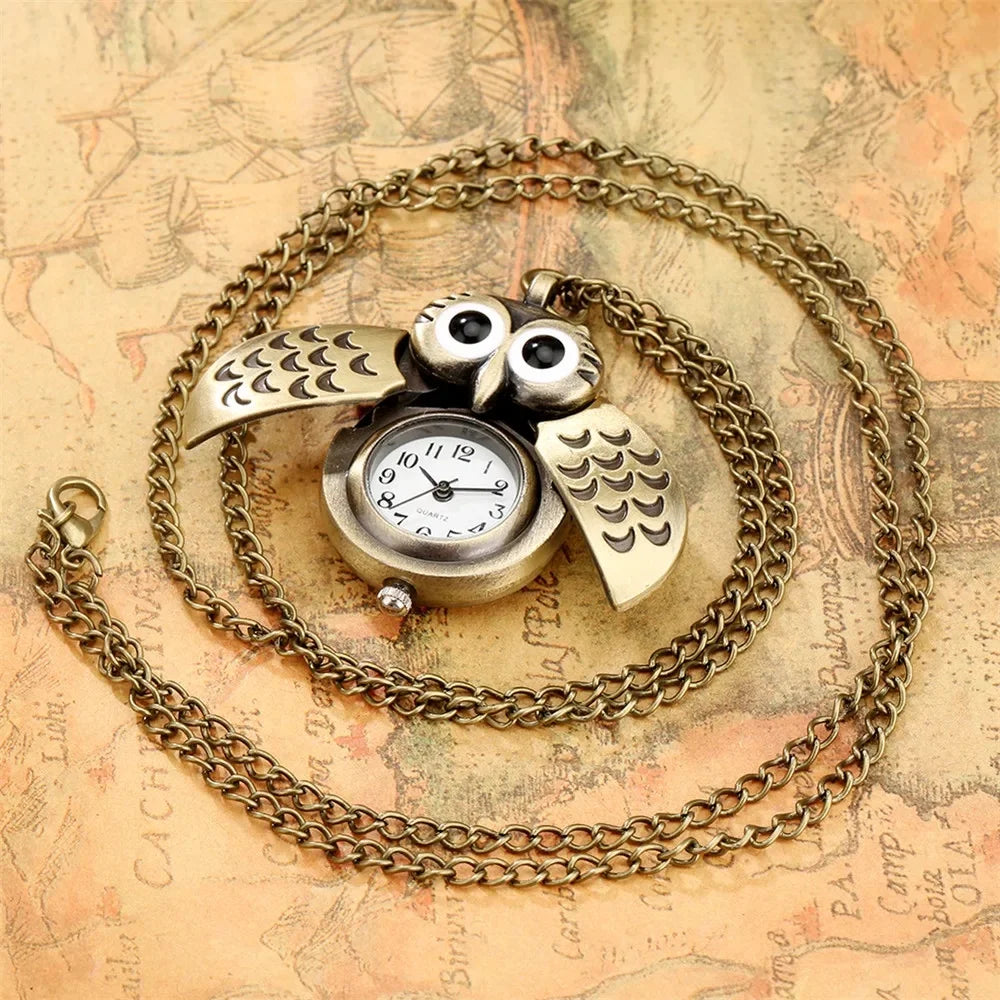 Fashion Vintage Men Women Alloy Retro Owl Shape Clock Pendant Long Necklace Chain Watches Birthday Gifts Vera Lux