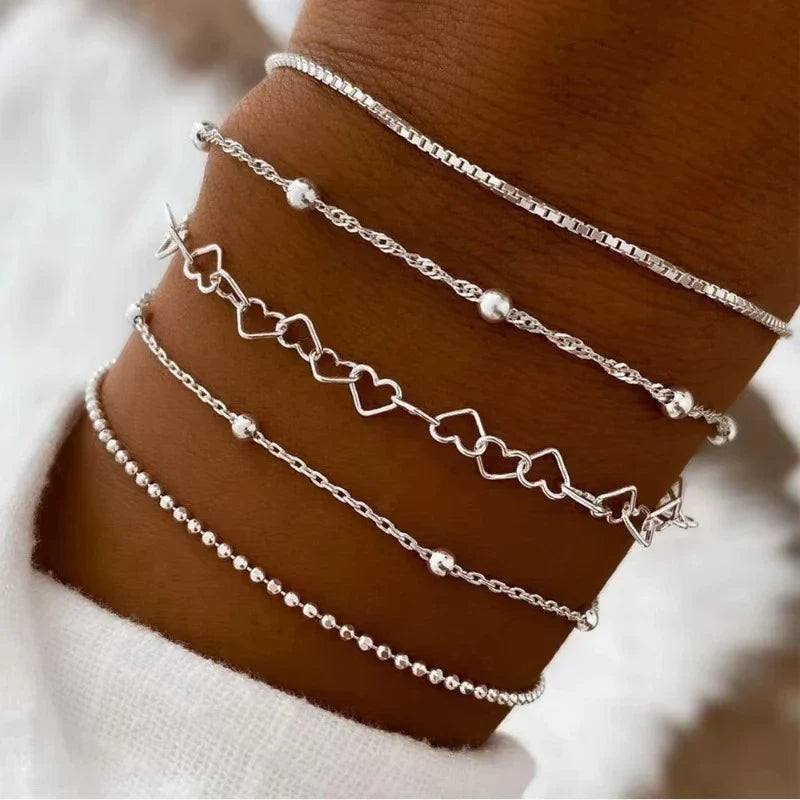 5 Pcs Set Silver Color Chain Bead Bracelets for Women Simple Elegant Vacation Beach Party Casual Jewelry Versatile Daily Wear Vera Lux
