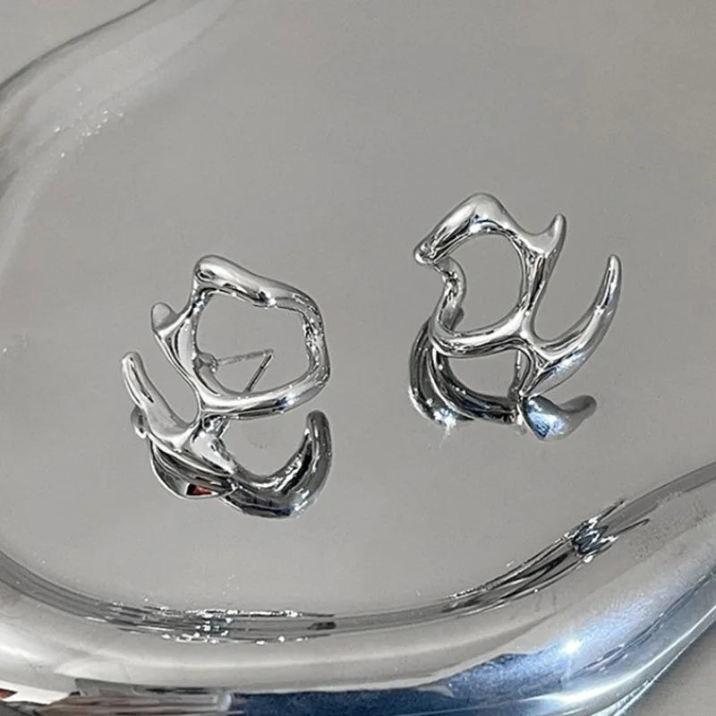 Y2K Irregular Liquid Earrings for Women Silver Color Hip-Hop Punk Fashion Geometric Earring Clip Girl 2024 Trendy Party Jewelry Vera Lux