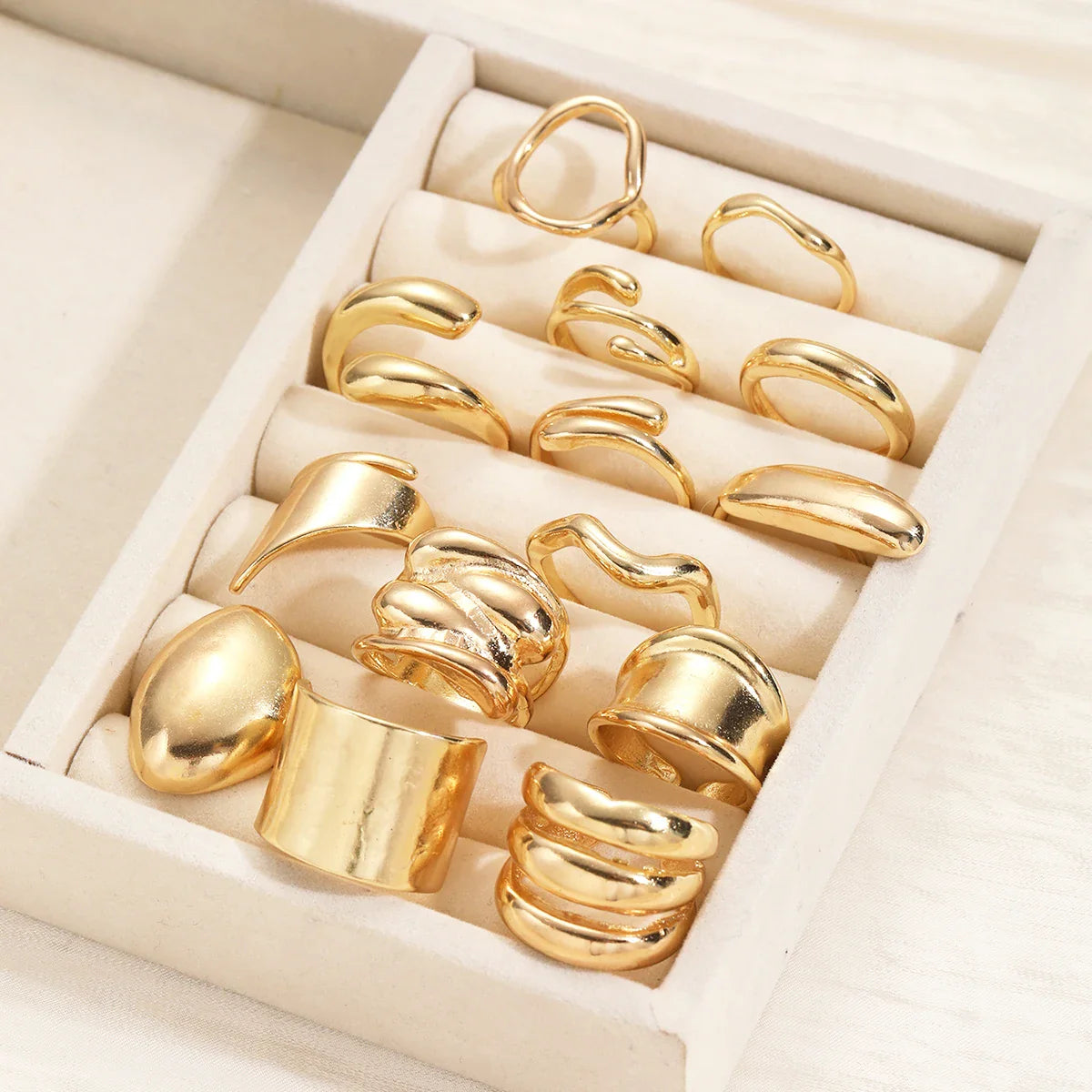 14Pcs/Set Vintage Smooth Open Rings Set for Women Geometric Creative Irregular Gold Color Finger Rings Trendy Daily Jewelry Gift Vera Lux