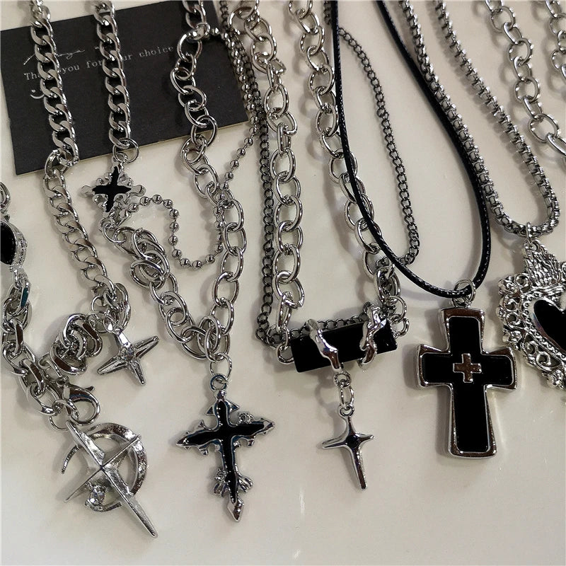 Punk Rock Black Heart Cross Pendant Chain Necklace For Men Women Cool Hip Hop Street Vintage 90s Y2K Grunge Goth Accessories Vera Lux