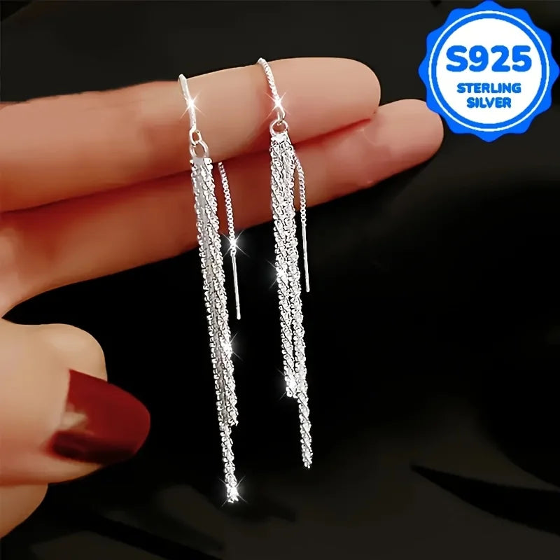 A pair of 2 pieces, women's fashionable hanging earrings, retro Bohemian style, hypoallergenic S925 silver, sparkling long ear l Vera Lux