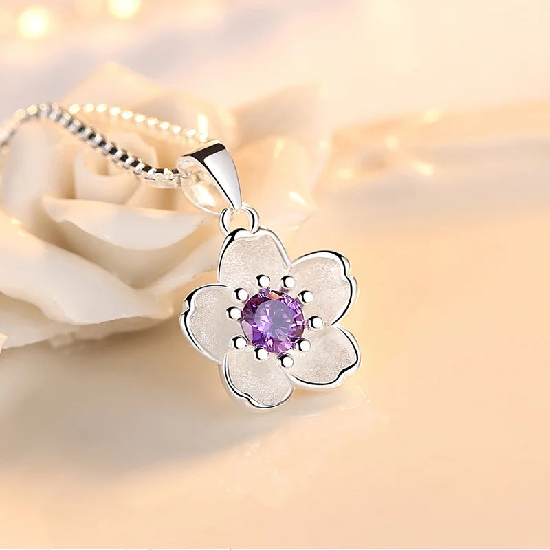 925 Sterling Silver Pink Purple Peach Blossom Necklaces For Women Retro Luxury Jewelry Accessories Freeshiping Items Jewellery Vera Lux