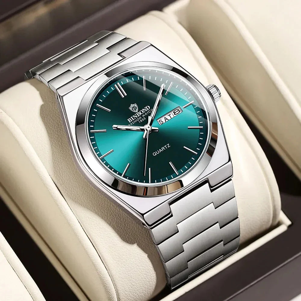 BINBOND Luxury Fashion Man Clock Top Business Waterproof Luminous Date Week Men's Watches Quartz Stainless Steel Men Wristwatch Vera Lux