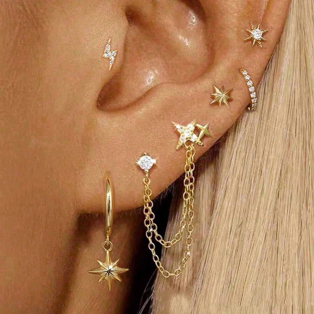 6PCS Fashion Cute Zircon Flower Ear Stud For Women Fashion 18K Gold Plated Star Ear Stud Earring Piercing Girl Set Jewelry Gift Vera Lux