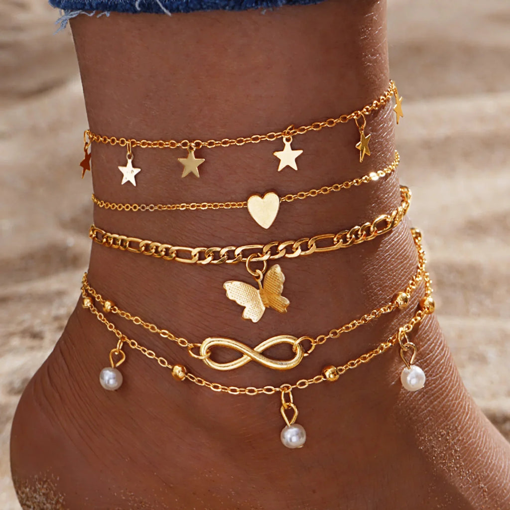 5Pcs Retro Multilayer Tassel Anklet Set for Women Bohemia Vintage Pearl Butterfly Star Heart Pendant Foot Bracelet Beach Jewelry Vera Lux