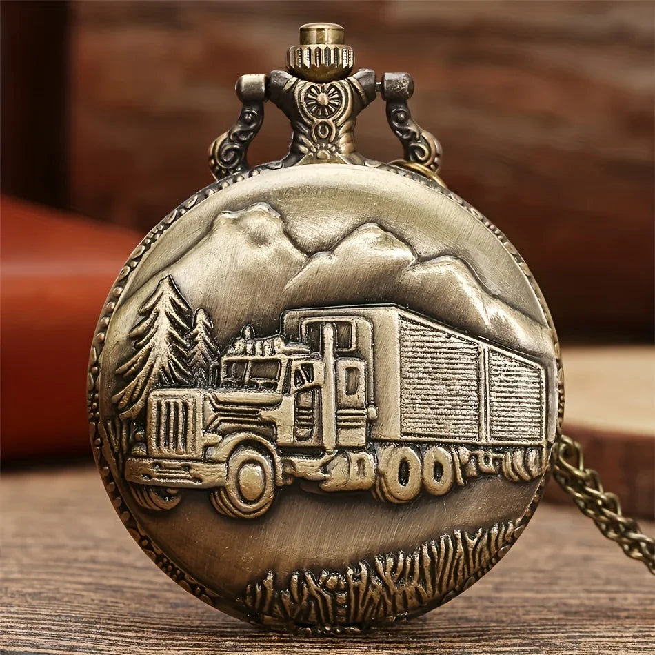 Bronze Big Truck Necklace Quartz Pocket Watch - Vintage Nostalgic Design, Perfect Holiday Gift for Teens Vera Lux