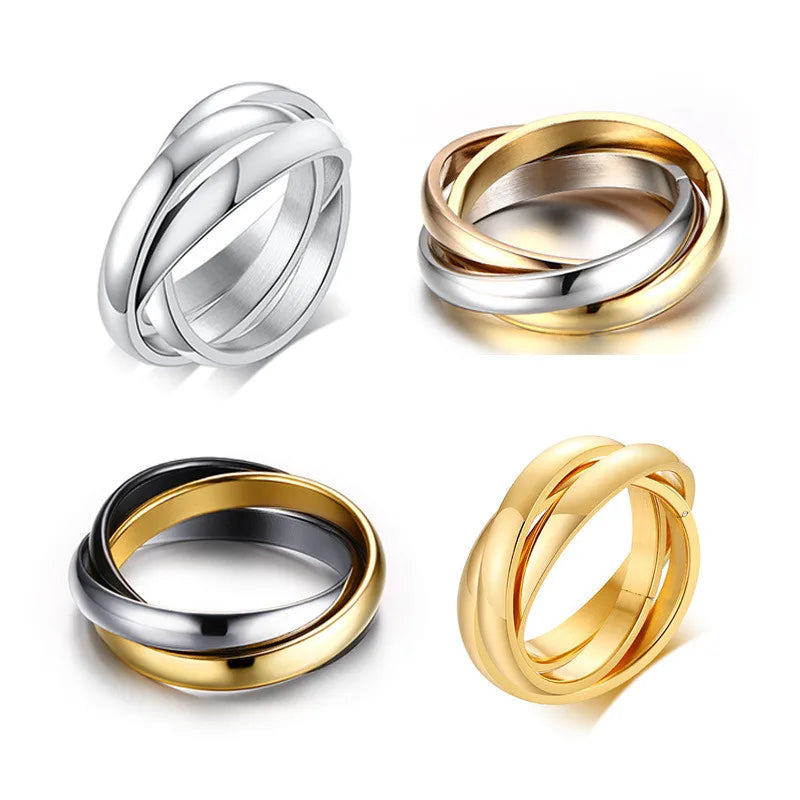 Stainless Steel Interlocked Triple Ring for Women Multi Color Wedding Band Bague Three in One Vera Lux