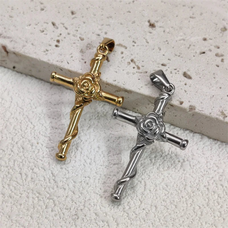 Waterproof Vintage 18k Gold Plated Stainless Steel Charm Rose Cross Pendant Necklace For Men Women Jewelry Gift Vera Lux