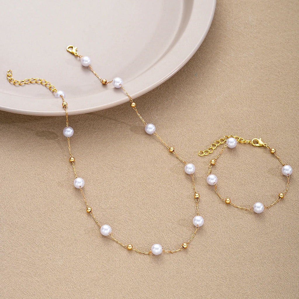 2 Pcs Exquisite Gold Color Bohemian Jewelry Set for Women Fashion Pearl Cross Pendant Necklace Bracelet Set Casual Jewelry Gifts Vera Lux