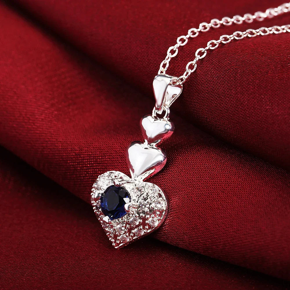 Hot Noble blue crystal heart 925 sterling Silver pendant necklace earring Jewelry sets for Woman classic fashion party fine gift Vera Lux