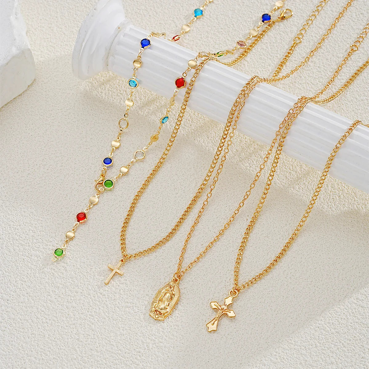 4Pcs/Set Cross Colorful Crystal Necklaces For Women Simple Gold Silver Color Y-Shaped Pendant Necklace Set New Christian Jewelry Vera Lux