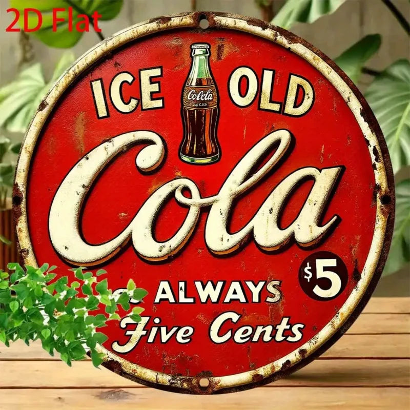 2D FLAT Vintage Cola Metal Sign - 8x8 Inch Round Aluminum Wall Art, Retro Ice-Cola Design, Rustic Decor for Home, Kitchen, Bar Perfecsy