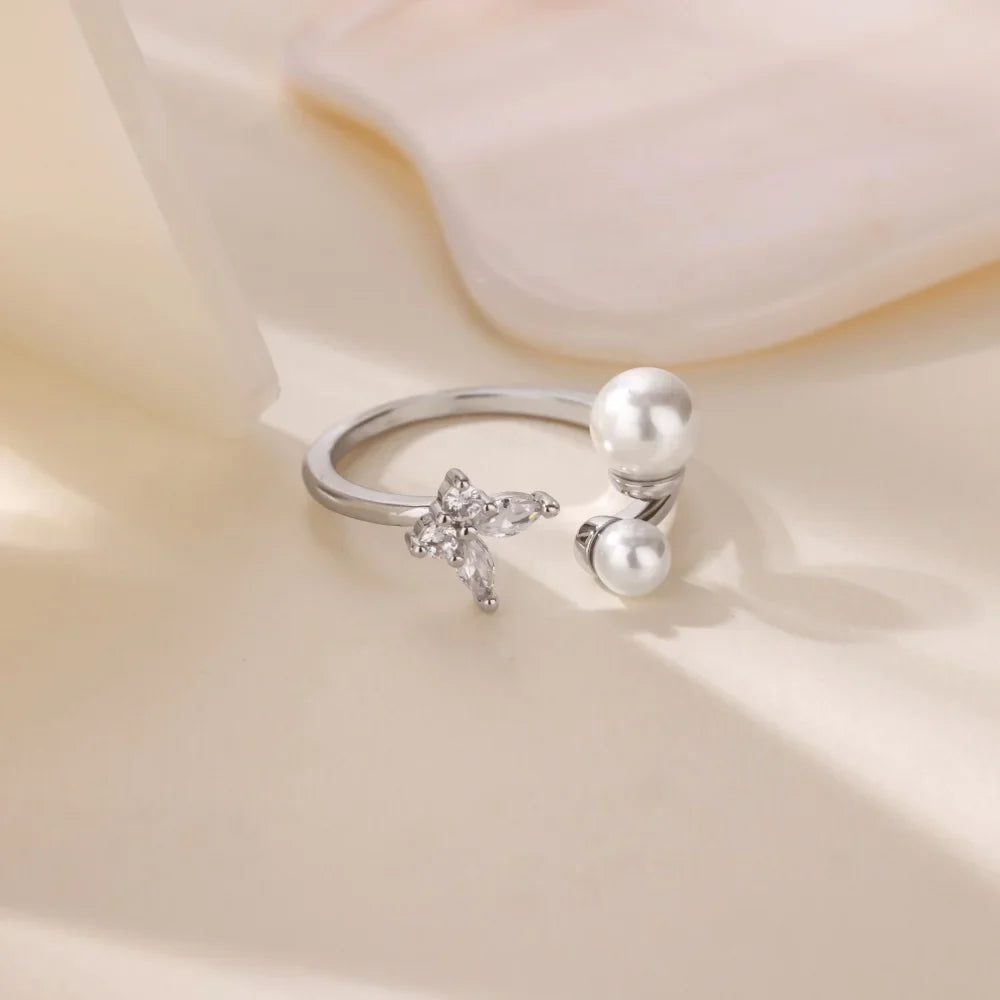 Zircon Butterfly Imitation Pearl Ring For Women Stainless Steel Gold Color Ring 2025 New Fashion Wedding Couple Jewelry Gifts Vera Lux