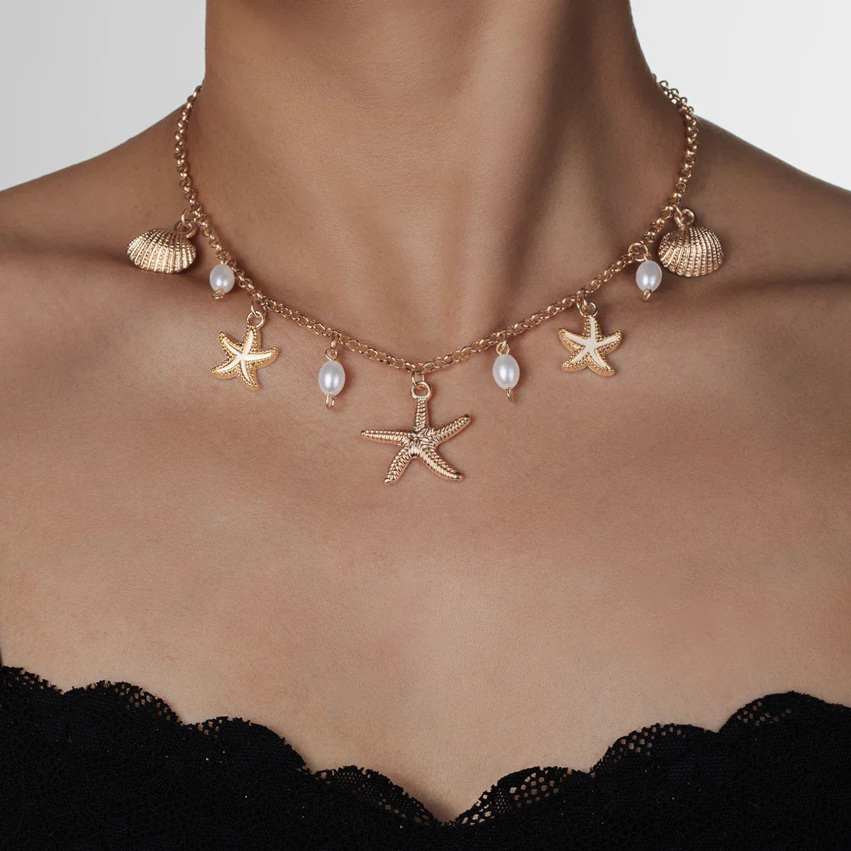 Holiday beach style starfish pendant shell imitation pearl tassel beach element alloy women's necklace Vera Lux