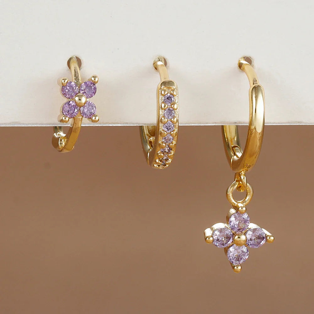 3PCS Trendy Stainless Steel Flower Drop Earring Set For Women Crystal Zirconia Dangle Earring Hypoallerg Piercing Jewelry aretes Vera Lux