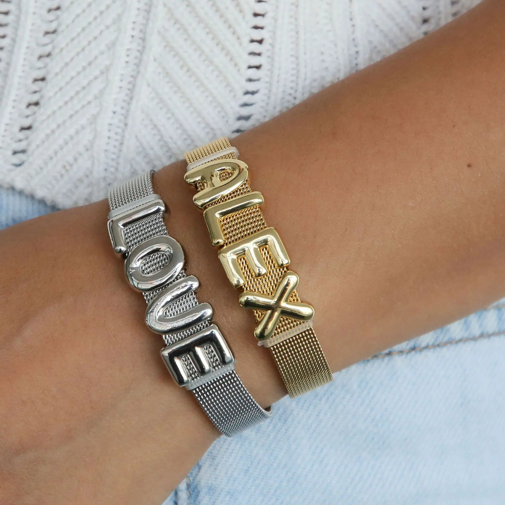 FLOLA DIY 26 Letters Custom Name Bracelets for Women Gold Silver Color Wide Band Initial Bracelets Handmade Jewelry brtd91 Vera Lux