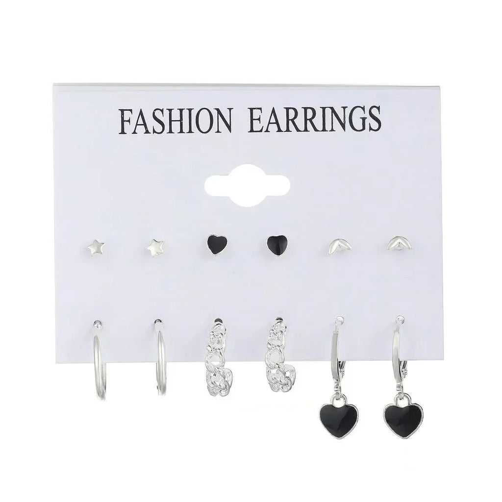 6 Pairs Korean Fashion Metal Start Heart Circle Small Earrings For Women Trend Black Heart Enamel Earrings Sweet Jewelry Vera Lux