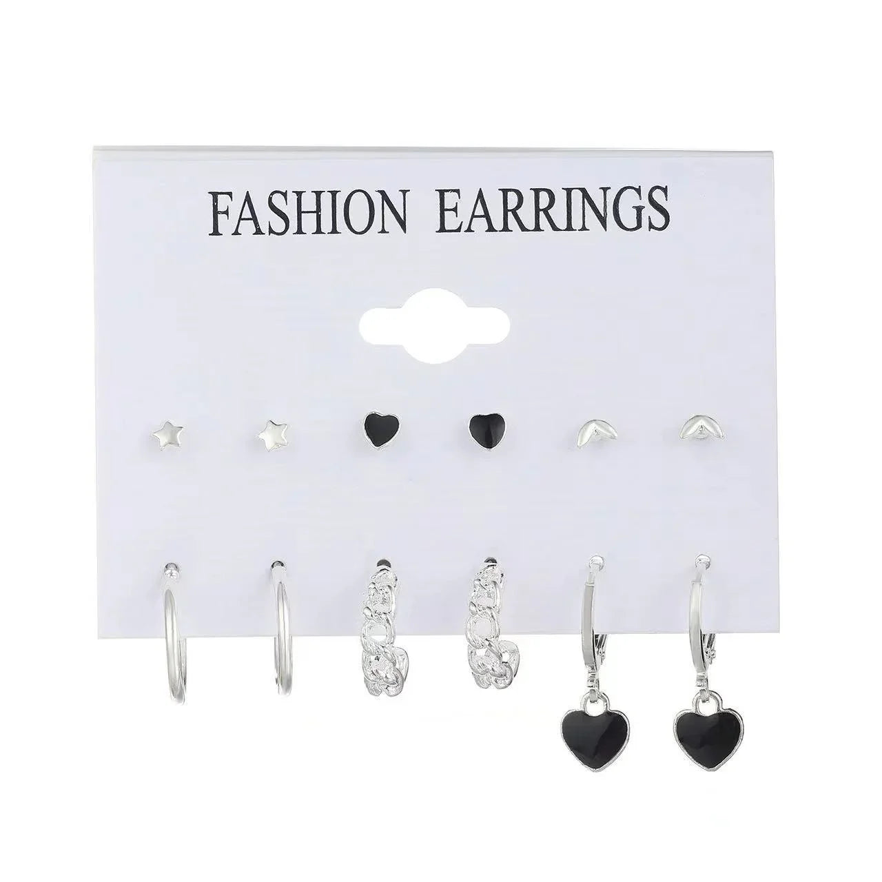 6 Pairs Korean Fashion Metal Start Heart Circle Small Earrings For Women Trend Black Heart Enamel Earrings Sweet Jewelry Vera Lux