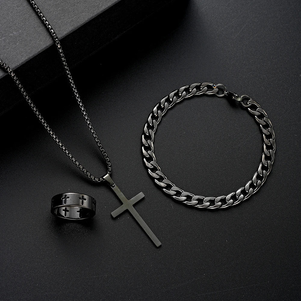 3pcs Set Men's Stainless Steel Metal Cross Pendant Chain Necklace Bracelet Ring Jewelry Set Male Hip Hop Daily Wear Accessories Vera Lux