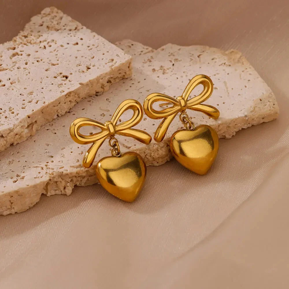 Cute Bow Heart Earrings for Women Stainless Steel Gold Color Heart Stud Earrings 2024 Trend Piercing Jewelry Wedding Party Gift Vera Lux