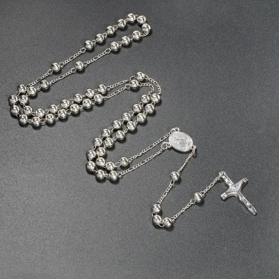 6MM Metal Beads Rosary Necklaces For Women Men Long Chain Crucifix Cross Pendant Necklace Religious Praye Jewelry Vera Lux