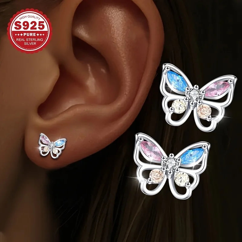 1 pair of high-end luxury earrings, pure silver colored zirconium butterfly earrings, dancing earrings, suitable for daily and m Vera Lux