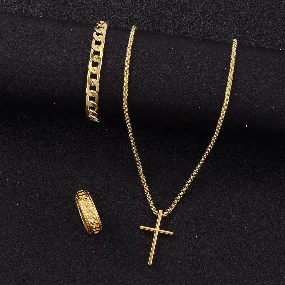 3pcs Set Men's Stainless Steel Metal Cross Pendant Chain Necklace Bracelet Ring Jewelry Set Male Hip Hop Daily Wear Accessories Vera Lux