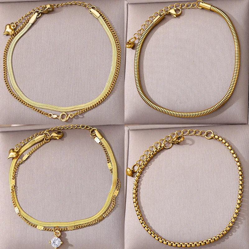 Zircon Circle Bead Anklets For Women Gold Color Stainless Steel Anklet Double Snake Chain Summer Beach Accessories Jewelry Gift Vera Lux
