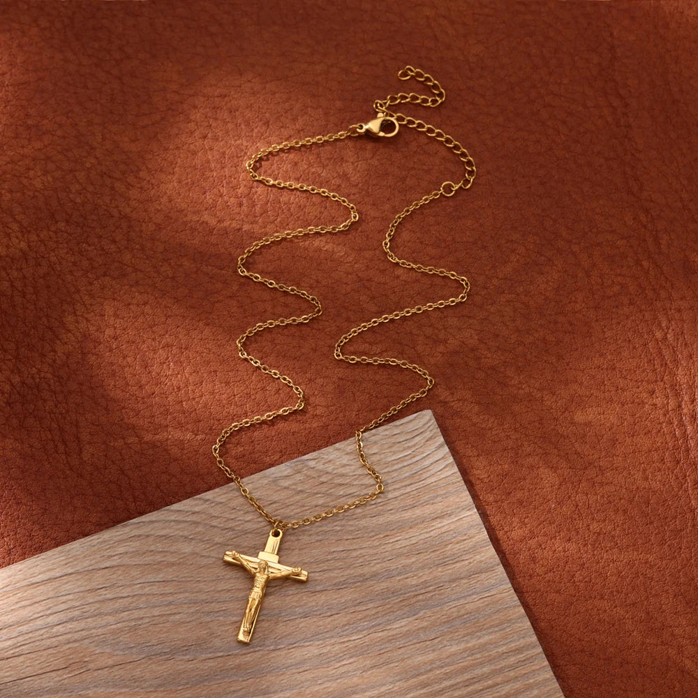Stainless Steel Jesus Cross Necklace For Women Men Gold Color Caravaca Angels Crucifix Charm Choker Rapper Jewelry Hip Hop Gift Vera Lux