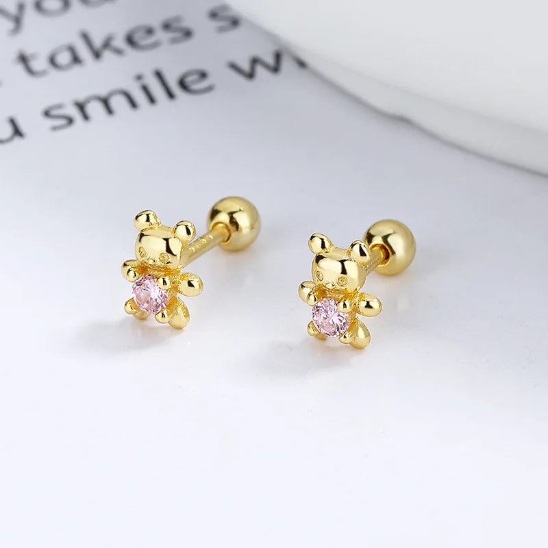 925 Sterling Silver Adorable Bear Ear Studs Screw-On Ear Plugs Stylish Ear Jewelry Exquisite Gift Vera Lux