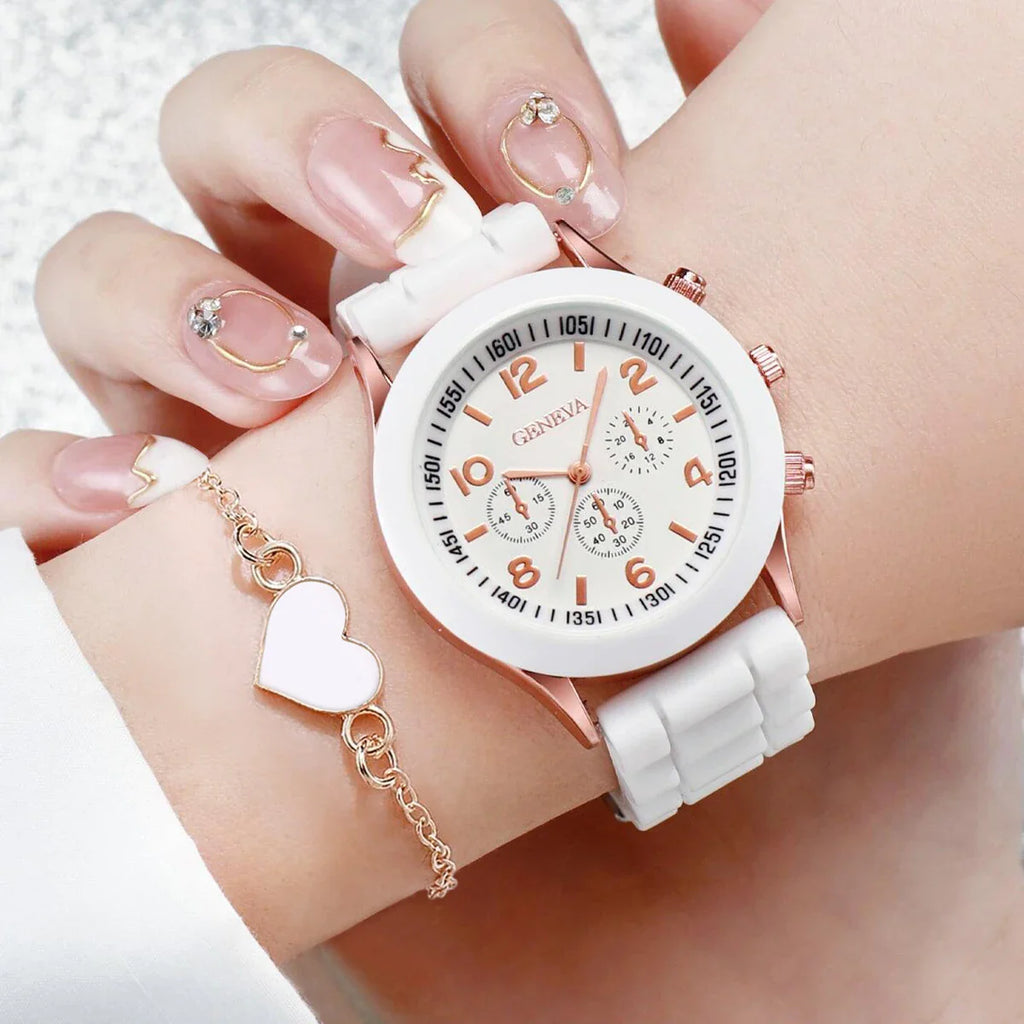 4pcs/set Geneva Watch Fashion Silicone Band Women Quartz Watches Heart Jewelry Set(Without Box) Vera Lux