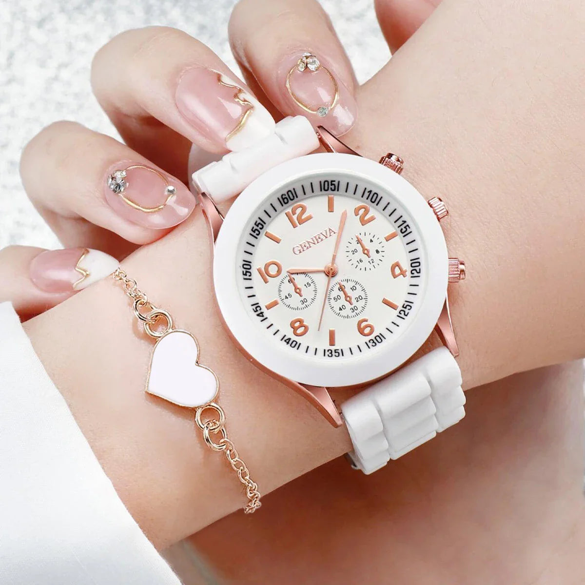 4pcs/set Geneva Watch Fashion Silicone Band Women Quartz Watches Heart Jewelry Set(Without Box) Vera Lux