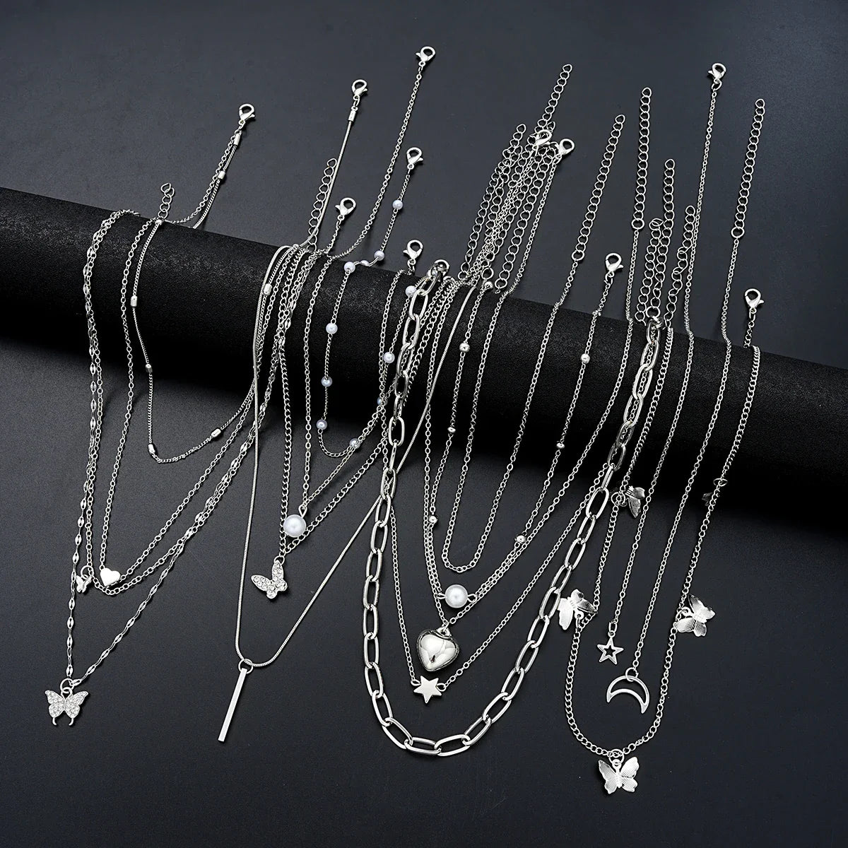 13Pcs/Set Simple Temperament Necklace Set Butterfly Pearl Heart Star Zircon Silver Color Necklace for Women Fashion Jewelry Gift Vera Lux