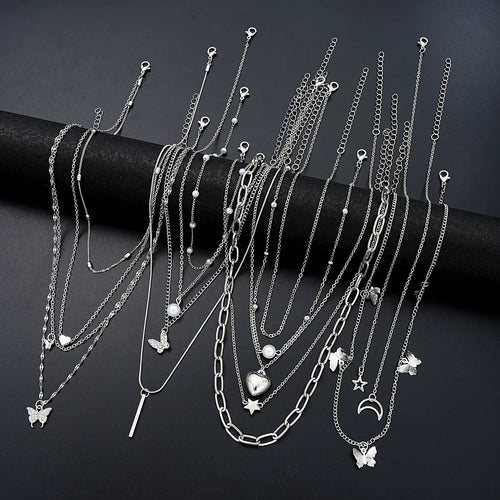 13Pcs/Set Simple Temperament Necklace Set Butterfly Pearl Heart Star Zircon Silver Color Necklace for Women Fashion Jewelry Gift Vera Lux
