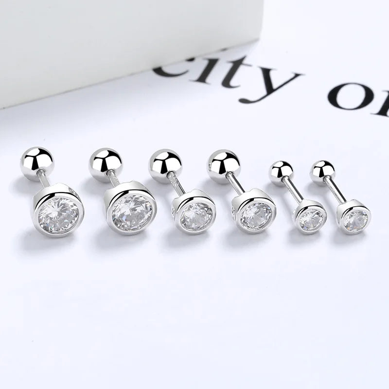 925 sterling silver zircon round bead threaded stud earrings, women's screw twist-off stud earrings, simple and fashion Vera Lux
