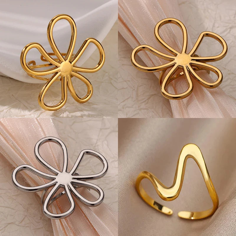 Stainless Steel Hollow Flower Open Rings for Women Trendy Aesthetic Wedding Couple Ring Femme Jewelry Accessories Gift anillos Vera Lux