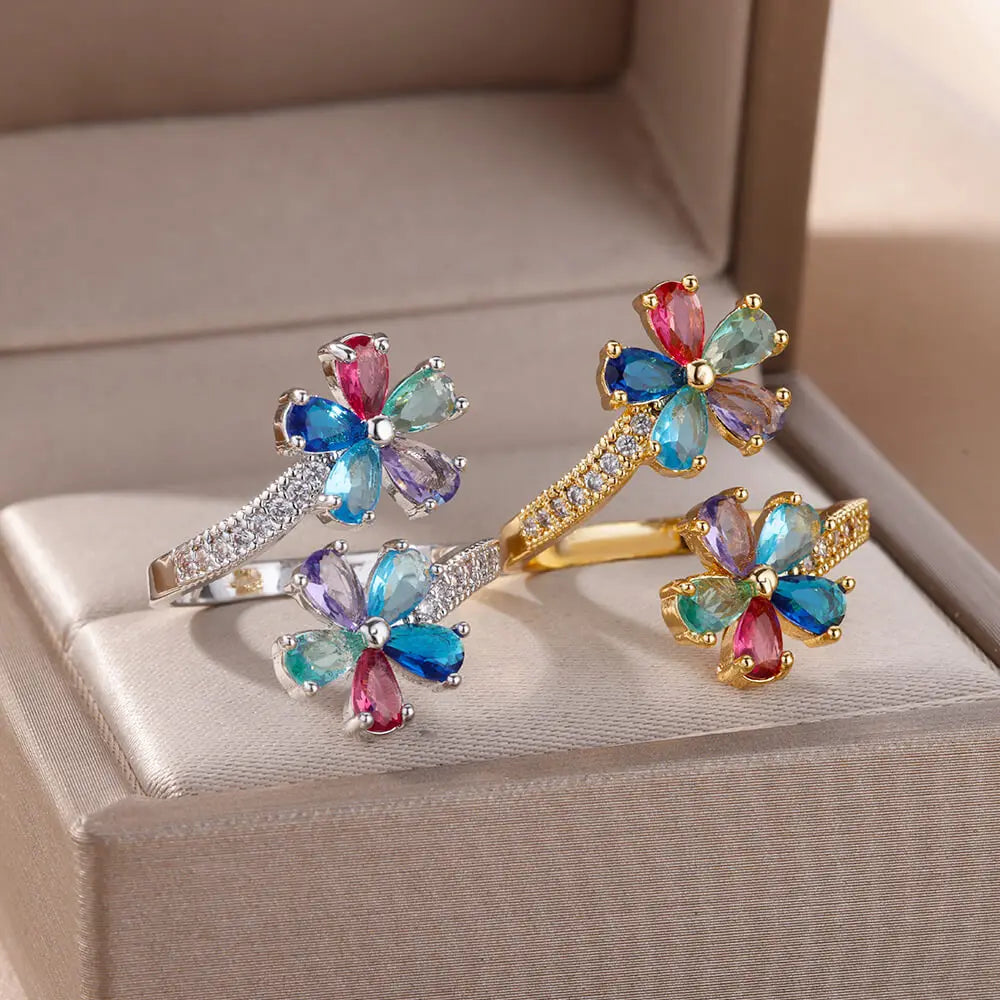 Colored Zircon Double Flower Rings For Women Gold Plated Stainless Steel Flower Opening Ring Wedding Aesthetic Jewelry Gift 2023 Vera Lux