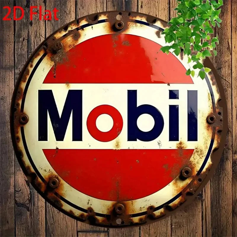2D Flat 1pc Round - Retro Aluminum Tin Sign - Vintage "Mobil" Gasoline Plaque, 8x8 Inch, Rustic Wall Art for Home Perfecsy