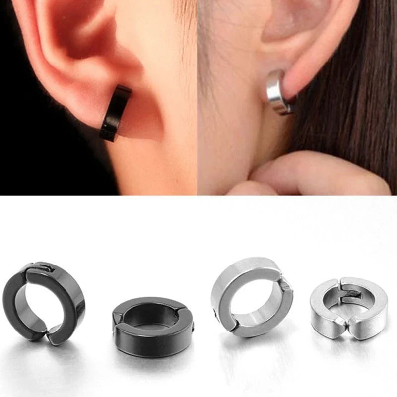 2 Pcs Classic Korean Punk Stainless Steel Ear Clip Earrings for Men Women Black No Pierced Fake Ear Circle New Pop Jewelry Vera Lux